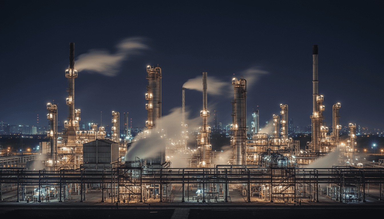 Downstream refinery complex operating at night