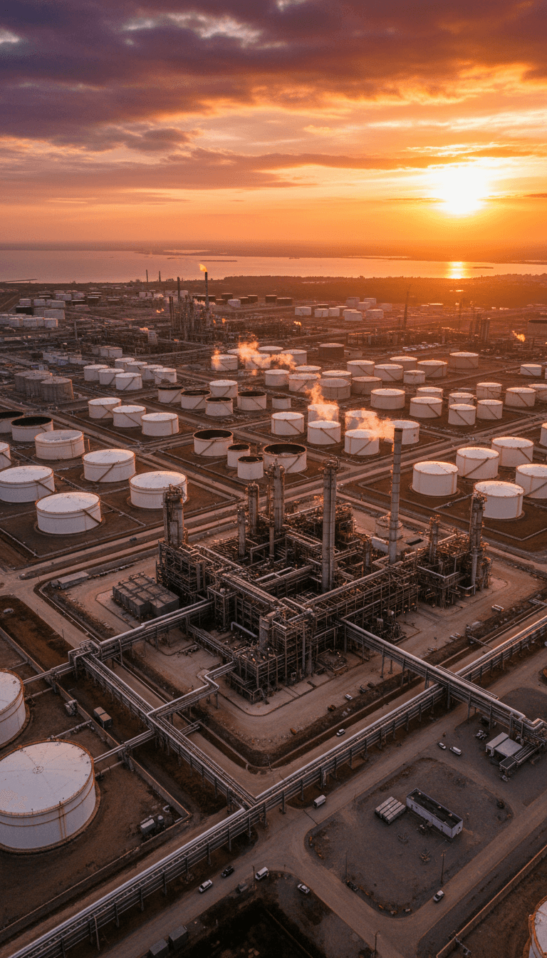 Aerial view of an oil refinery at sunset