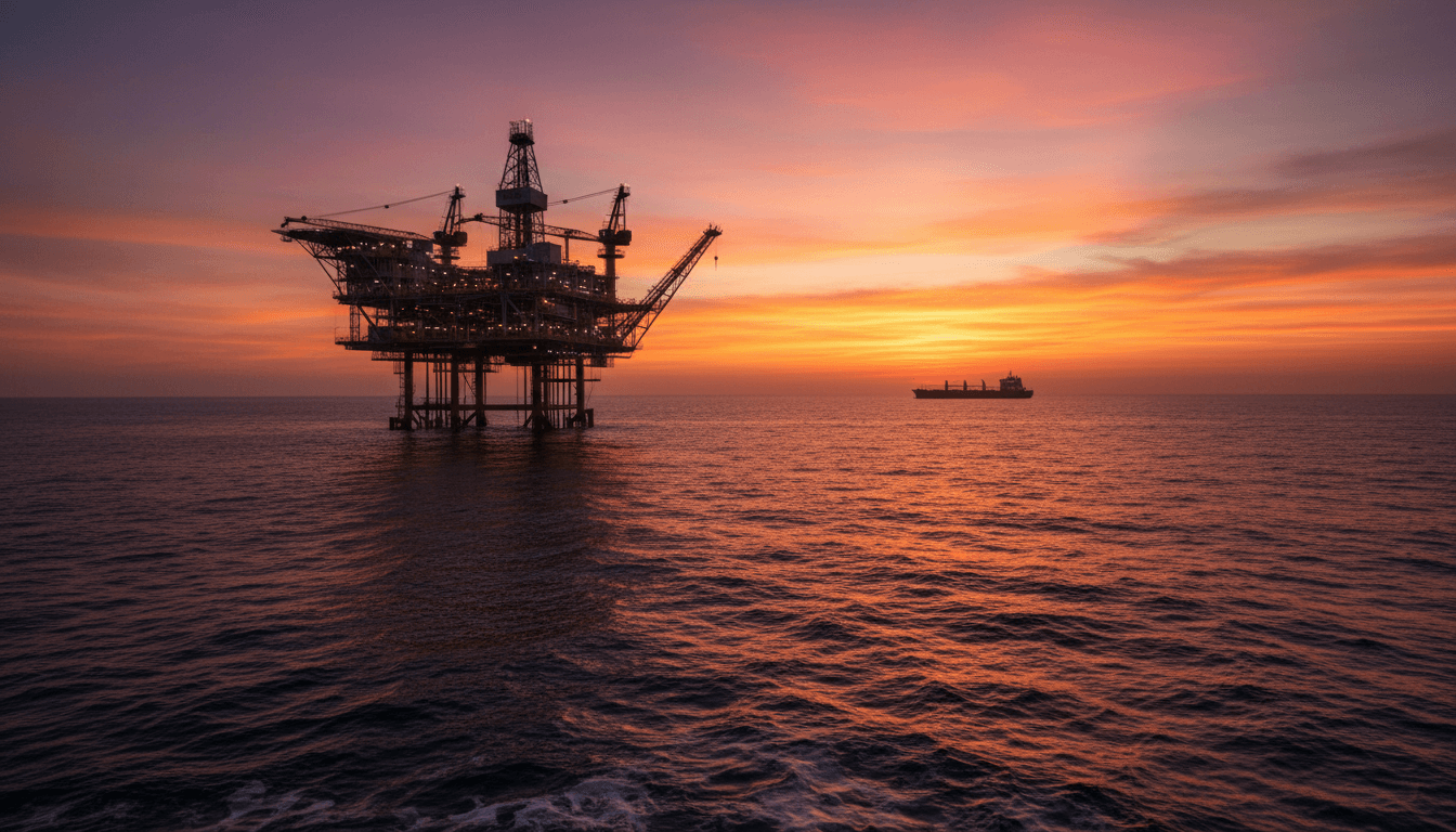 Offshore drilling platform lit against a dark sky