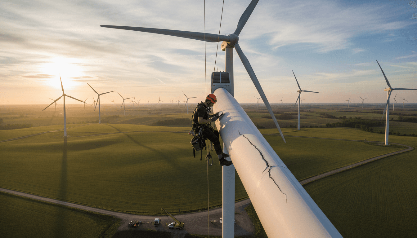 Renewable energy technician at work on wind turbine